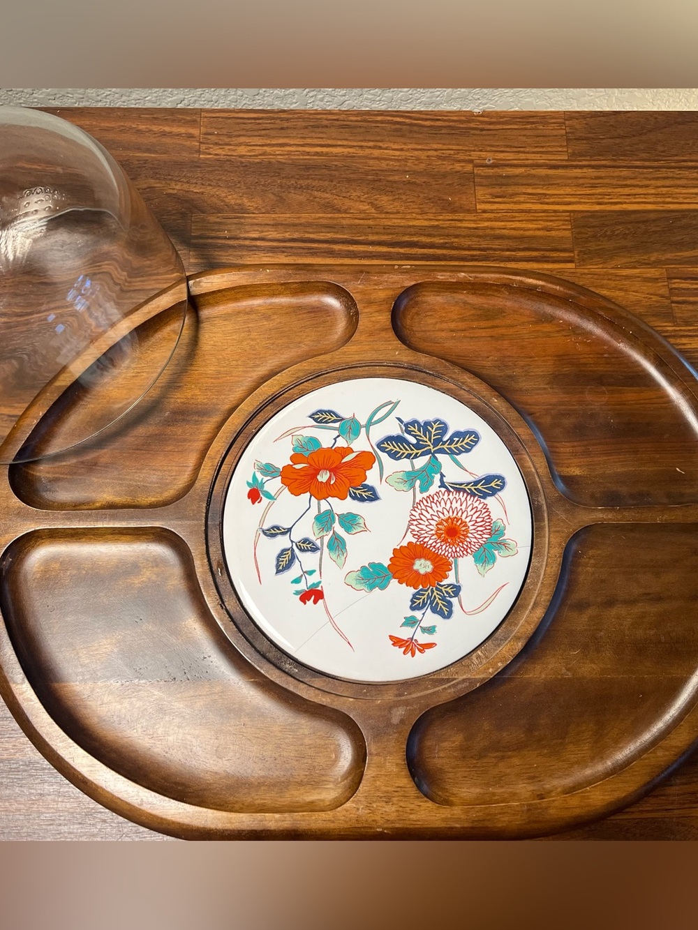 Stunning MCM Teak Charcuterie Cheese board with glass Cloche Vintage MID-MOD